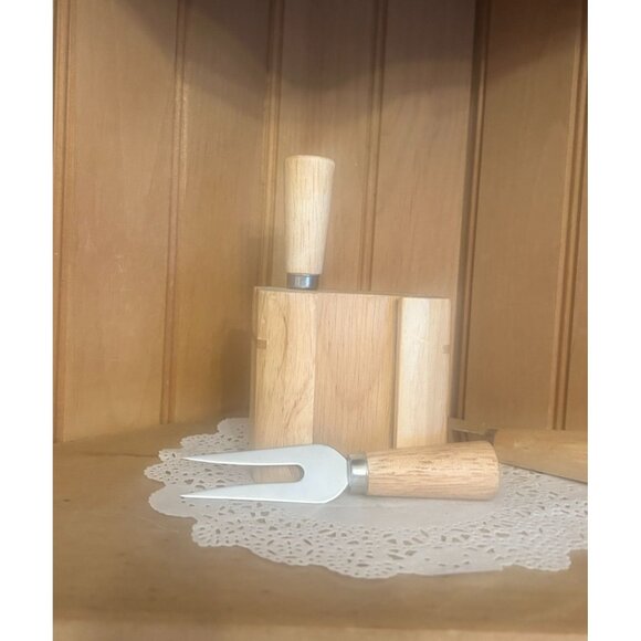 Vintage Wooden Cheese Knife Block Stainless Steel Utensil Servers Appetizers - Picture 3 of 8